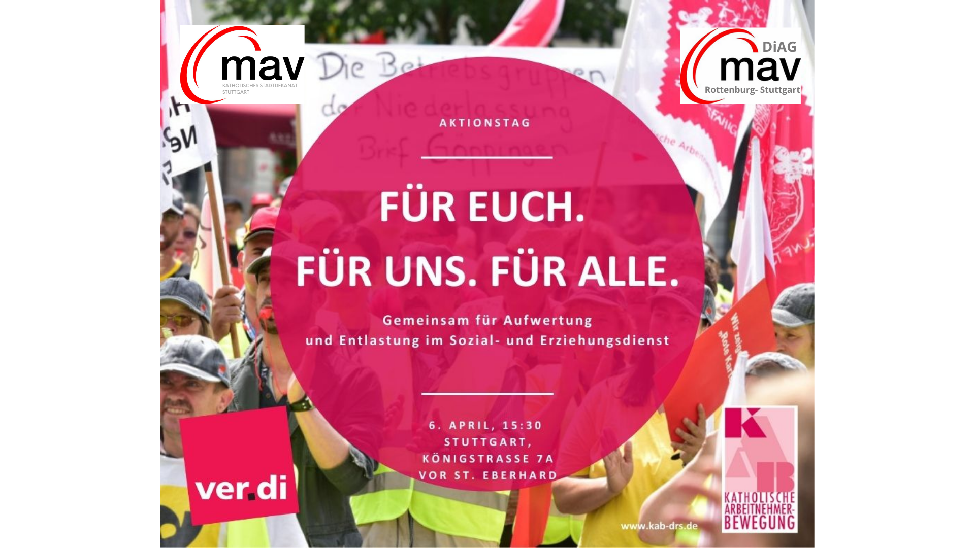 Beschäftigte aus Einrichtungen der katholischen Kirche und Caritas der Region Stuttgart beteiligen sich am 6. April am ver.di-Aktionstag für Aufwertung und Entlastung im Sozial- und Erziehungsdienst (04.04.2022)